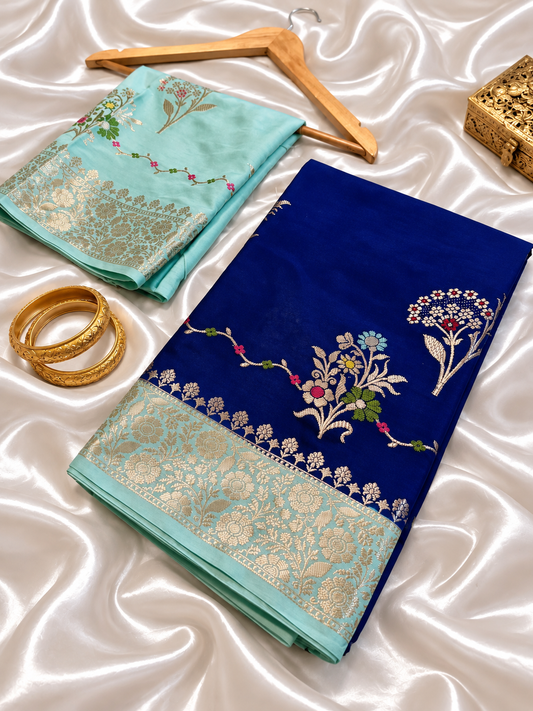 Royal Blue Katan Silk Saree with Mint Green Zari Border & Floral Buti Work | Contrast Blouse | Wedding Festive Saree