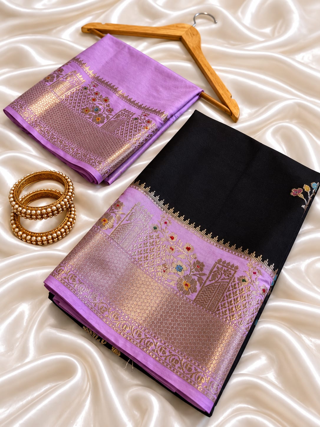 Black Silk Saree With Lavender Zari Border  & Floral Butta