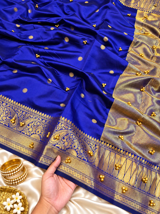 Royal Blue Katan Silk Buti Saree with Ghungroo Work & Rich Golden Zari Border | Traditional Wedding & Festive Saree
