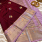 Wine Maroon Banarasi Silk Saree with Lavender Zari Border & Floral Buti