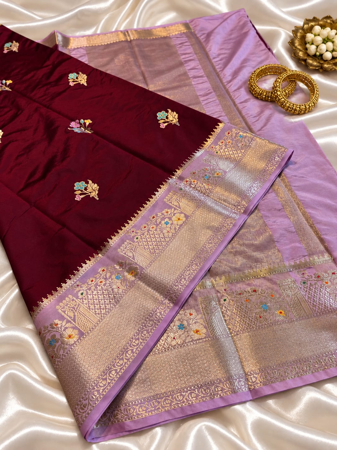Wine Maroon Banarasi Silk Saree with Lavender Zari Border & Floral Buti